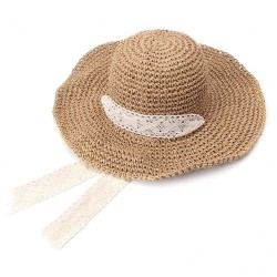 Women Foldable Lace Tie Handmade Straw Hat Sunscreen Travel Beach Floppy Hat