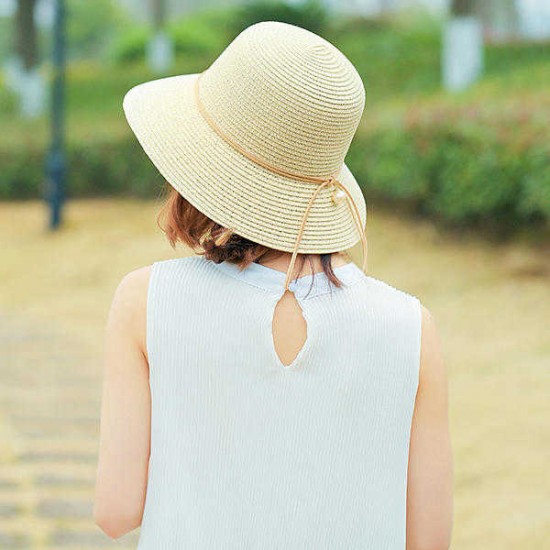 Women Foldable Straw Beach Cap Summer Vacation Sunscreen Bucket Cap