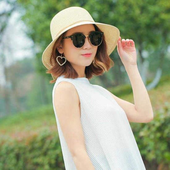 Women Foldable Straw Beach Cap Summer Vacation Sunscreen Bucket Cap