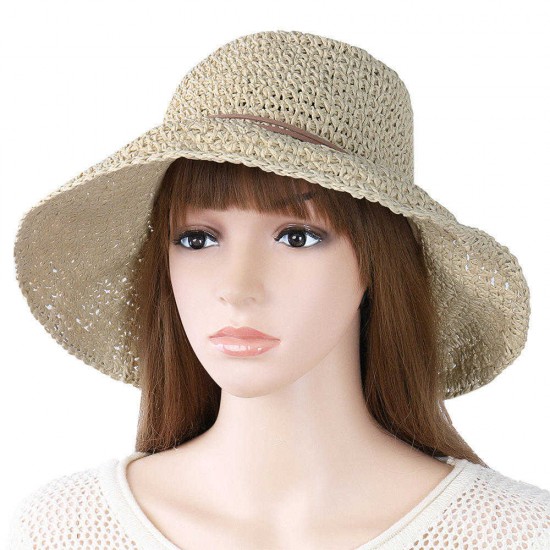 Women Foldable Sunscreen Anti-UV Bucket Straw Hat Outdoor Casual Travel Beach Sea Floppy Hat