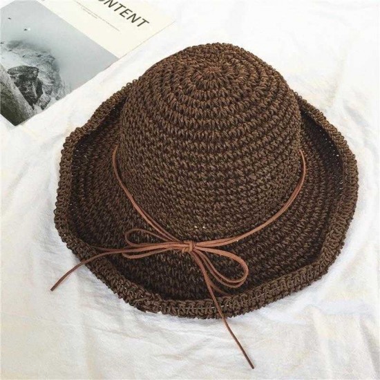 Women Foldable Sunscreen Anti-UV Bucket Straw Hat Outdoor Casual Travel Beach Sea Floppy Hat