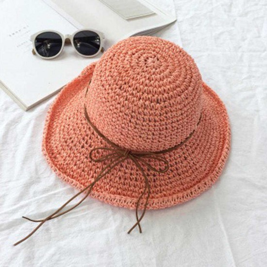 Women Foldable Sunscreen Anti-UV Bucket Straw Hat Outdoor Casual Travel Beach Sea Floppy Hat