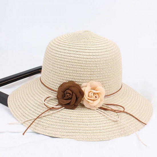 Women Folding Woven Wide Brimmed Bucket Hat Outdoor Bandage Beach Dress Visor With Bowknot