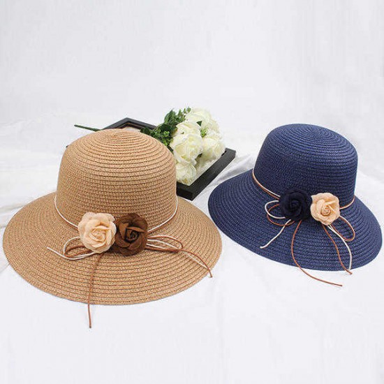 Women Folding Woven Wide Brimmed Bucket Hat Outdoor Bandage Beach Dress Visor With Bowknot