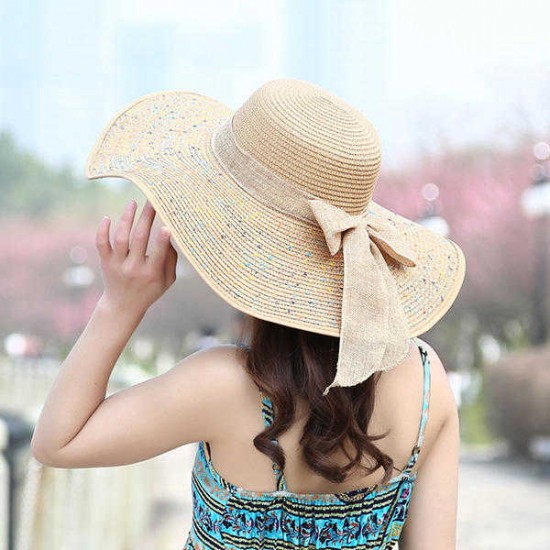 Women Folding Woven Wide Brimmed Bucket Hat Outdoor Beach Dress Visor with Bowknot