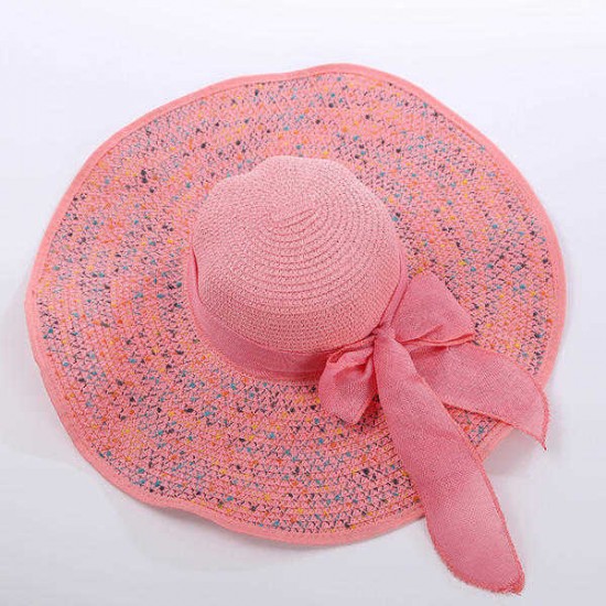 Women Folding Woven Wide Brimmed Bucket Hat Outdoor Beach Dress Visor with Bowknot