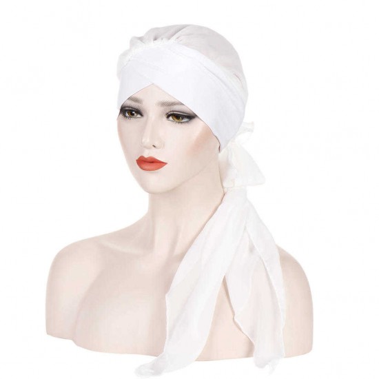 Women Forehead Cross Beanie Hat Solid Color Fashion Chiffon With Long Tail