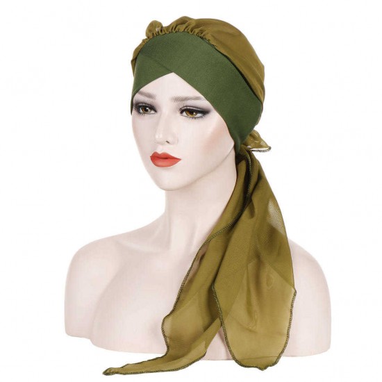 Women Forehead Cross Beanie Hat Solid Color Fashion Chiffon With Long Tail