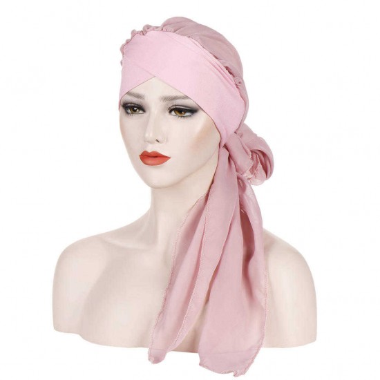 Women Forehead Cross Beanie Hat Solid Color Fashion Chiffon With Long Tail