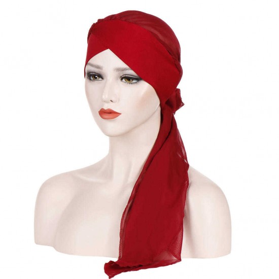 Women Forehead Cross Beanie Hat Solid Color Fashion Chiffon With Long Tail