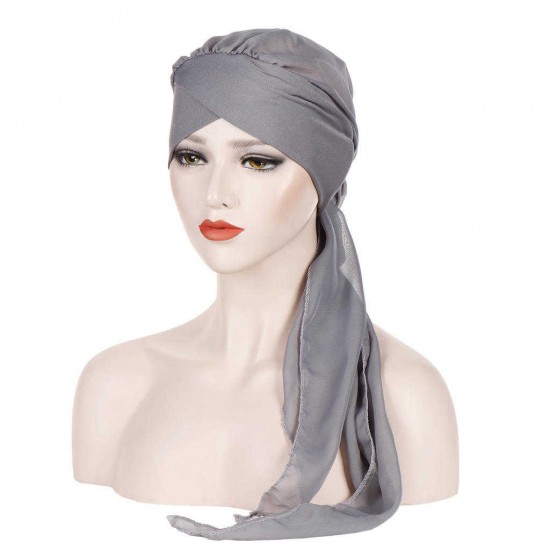 Women Forehead Cross Beanie Hat Solid Color Fashion Chiffon With Long Tail