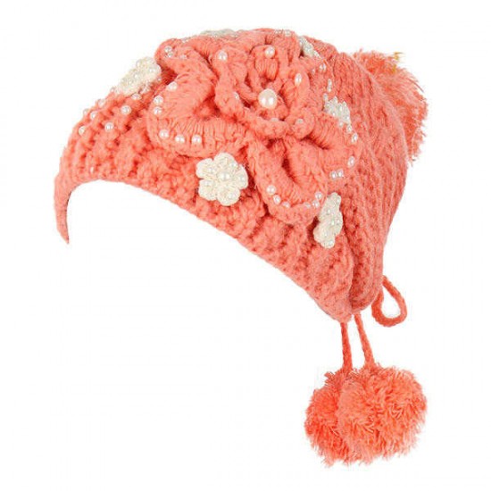 Women Girl Crochet Knitting Woven Flower Caps Slouch Beanie Hanging Ball Bead Decorative Hat