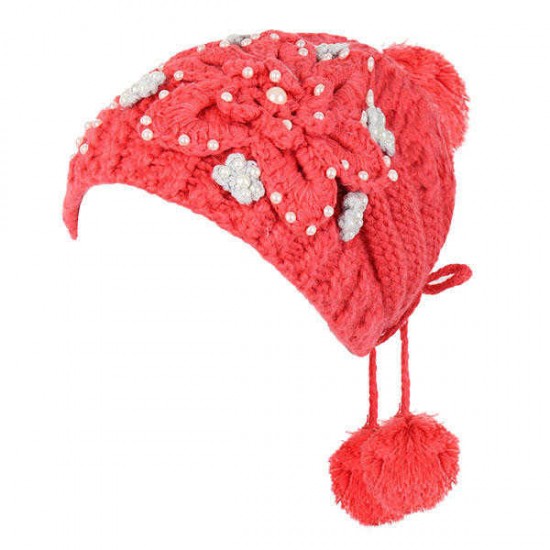 Women Girl Crochet Knitting Woven Flower Caps Slouch Beanie Hanging Ball Bead Decorative Hat