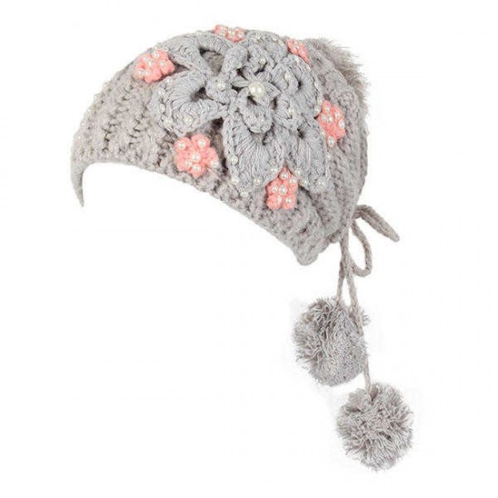 Women Girl Crochet Knitting Woven Flower Caps Slouch Beanie Hanging Ball Bead Decorative Hat