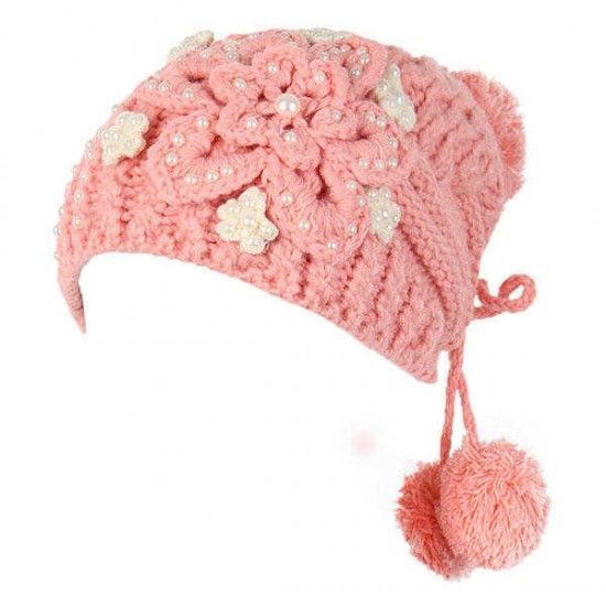 Women Girl Crochet Knitting Woven Flower Caps Slouch Beanie Hanging Ball Bead Decorative Hat