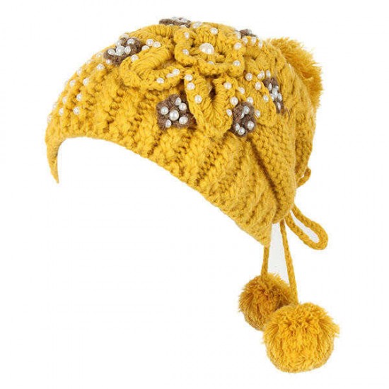 Women Girl Crochet Knitting Woven Flower Caps Slouch Beanie Hanging Ball Bead Decorative Hat