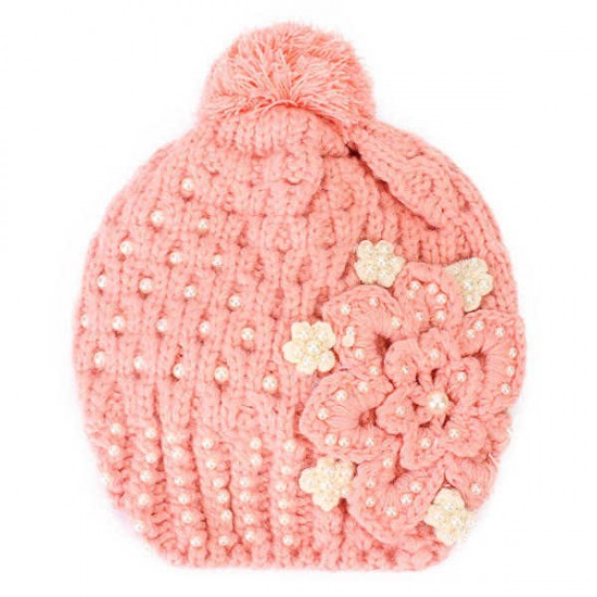 Women Girl Crochet Knitting Woven Flower Caps Slouch Beanie Hanging Ball Bead Decorative Hat