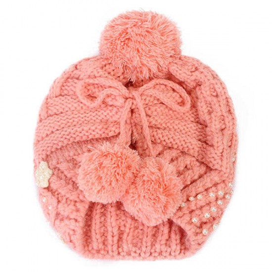 Women Girl Crochet Knitting Woven Flower Caps Slouch Beanie Hanging Ball Bead Decorative Hat