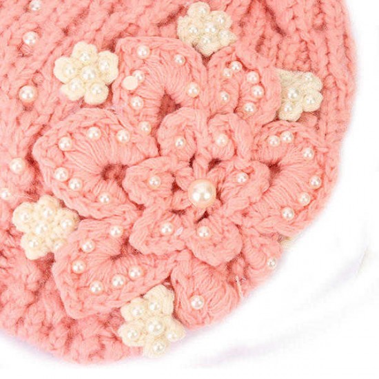 Women Girl Crochet Knitting Woven Flower Caps Slouch Beanie Hanging Ball Bead Decorative Hat