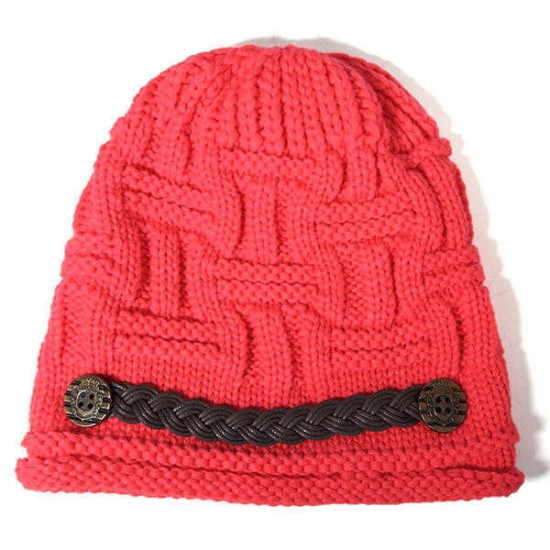 Women Girl Crochet Strap Knitting Caps Button Decorative Baggy Beanie Hat