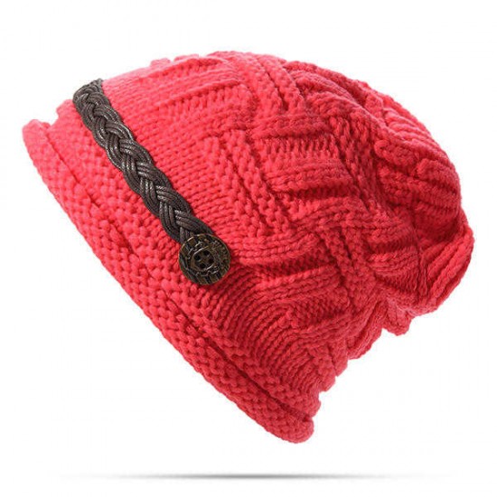 Women Girl Crochet Strap Knitting Caps Button Decorative Baggy Beanie Hat