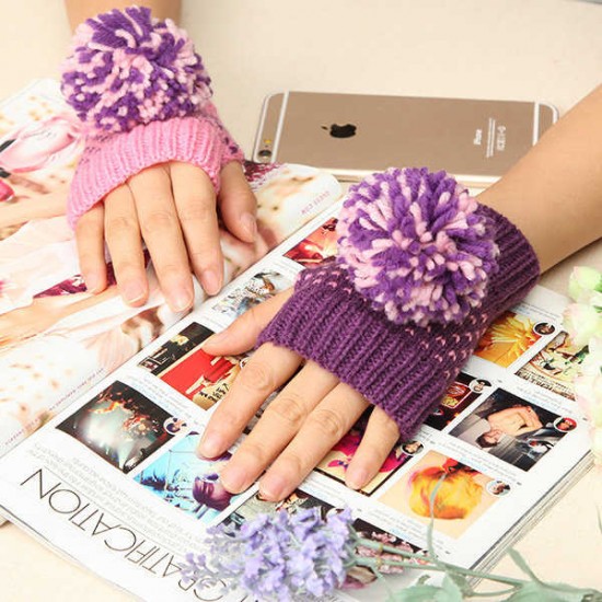 Women Girl Half Fingerless Kniting Color Mixing Ball Screen Touch Gloves