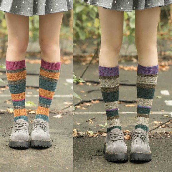 Women Girl Patchwork Harajuku Style Long Tube Socks Casual Cotton Warm Elastic Stockings