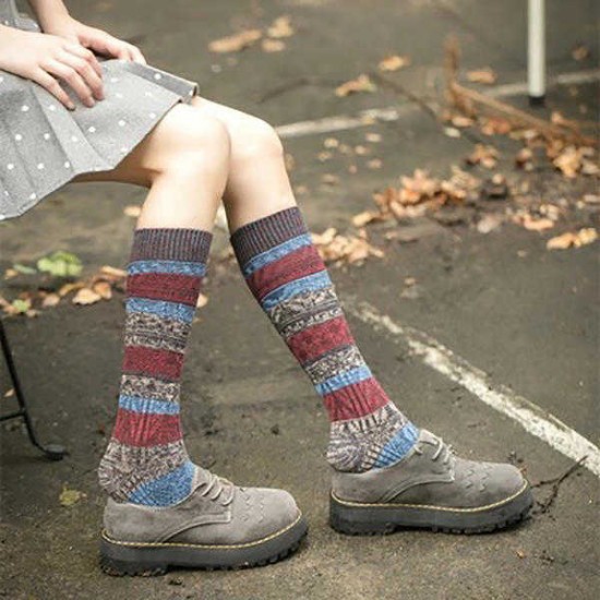 Women Girl Patchwork Harajuku Style Long Tube Socks Casual Cotton Warm Elastic Stockings