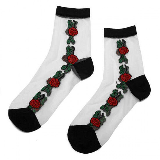 Women Girl Rose Floral Embroidery Sheer Mesh Transparent Socks Short Ankle Breathable Hosiery