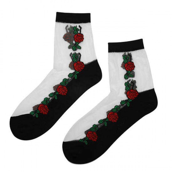 Women Girl Rose Floral Embroidery Sheer Mesh Transparent Socks Short Ankle Breathable Hosiery