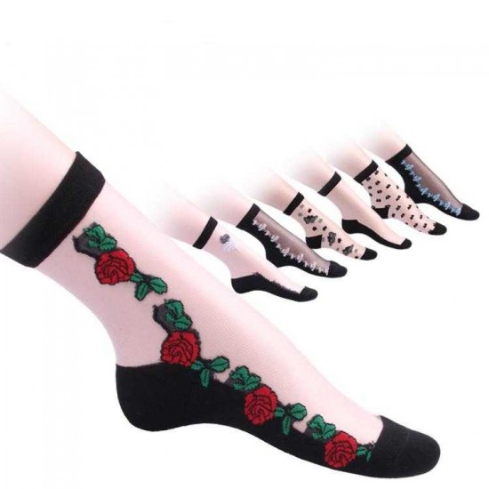 Women Girl Rose Floral Embroidery Sheer Mesh Transparent Socks Short Ankle Breathable Hosiery