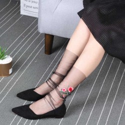 Women Girl Rose Flower Embroidery Mesh Socks Ultra Thin Transparent High Push Socks