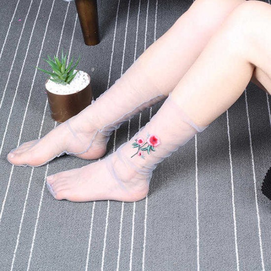 Women Girl Rose Flower Embroidery Mesh Socks Ultra Thin Transparent High Push Socks