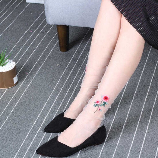 Women Girl Rose Flower Embroidery Mesh Socks Ultra Thin Transparent High Push Socks