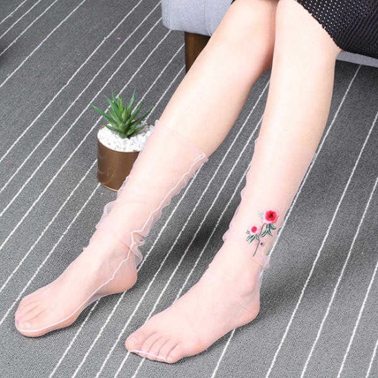 Women Girl Rose Flower Embroidery Mesh Socks Ultra Thin Transparent High Push Socks