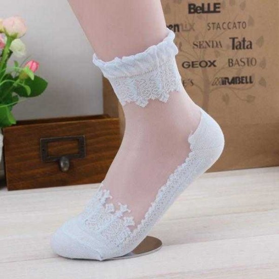 Women Girl Summer Ultra Thin Socks Transparent Breathable Crystal Lace Ankle Socks