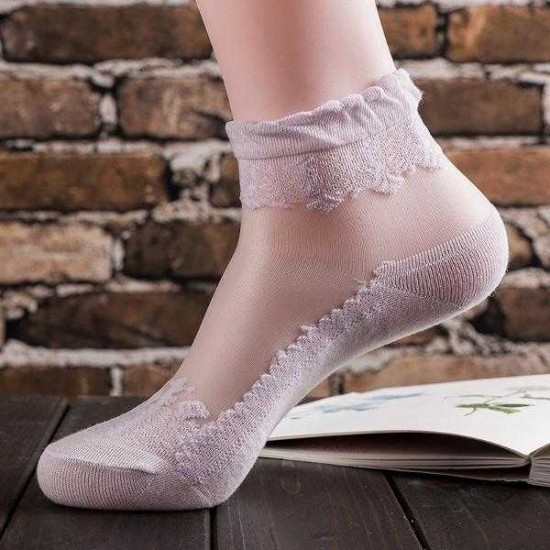 Women Girl Summer Ultra Thin Socks Transparent Breathable Crystal Lace Ankle Socks