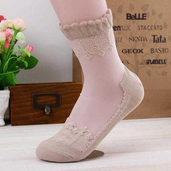 Women Girl Summer Ultra Thin Socks Transparent Breathable Crystal Lace Ankle Socks