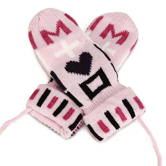 Women Girl Winter Knitted Golves Cute Cartoon Heart Pattern With Rope Thick Mittens