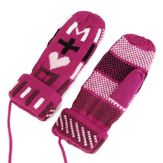 Women Girl Winter Knitted Golves Cute Cartoon Heart Pattern With Rope Thick Mittens