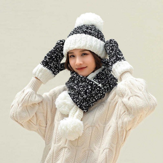 Women Girls Christmas Knit Snow Hat Gloves Scarf Winter Warm Trend Three-Piece Set