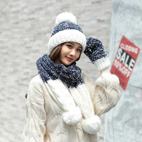 Women Girls Christmas Knit Snow Hat Gloves Scarf Winter Warm Trend Three-Piece Set