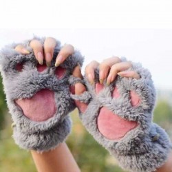 Women Girls Fluffy Plush Bear Cat Paw Fingerless Gloves  Paw Glove Winter Warm Mittens