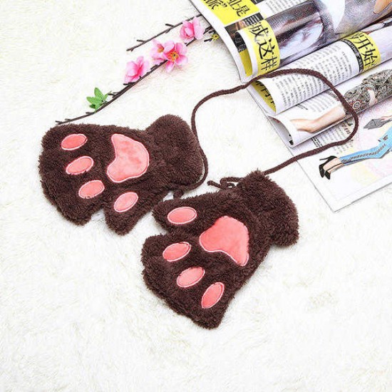 Women Girls Fluffy Plush Bear Cat Paw Fingerless Gloves  Paw Glove Winter Warm Mittens