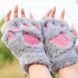 Women Girls Fluffy Plush Bear Cat Paw Fingerless Gloves  Paw Glove Winter Warm Mittens