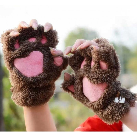 Women Girls Fluffy Plush Bear Cat Paw Fingerless Gloves  Paw Glove Winter Warm Mittens