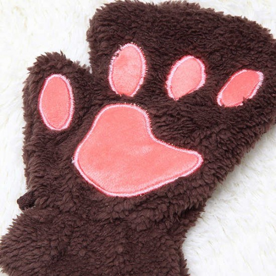 Women Girls Fluffy Plush Bear Cat Paw Fingerless Gloves  Paw Glove Winter Warm Mittens