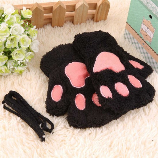 Women Girls Fluffy Plush Bear Cat Paw Fingerless Gloves  Paw Glove Winter Warm Mittens