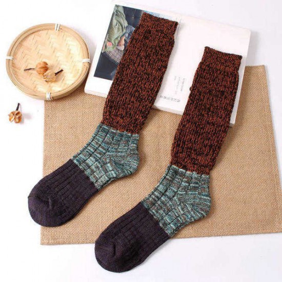 Women Girls Knitting Crochet Stripe Legs Socks Harajuku Style Mixed Color Patchwork High Hosiery