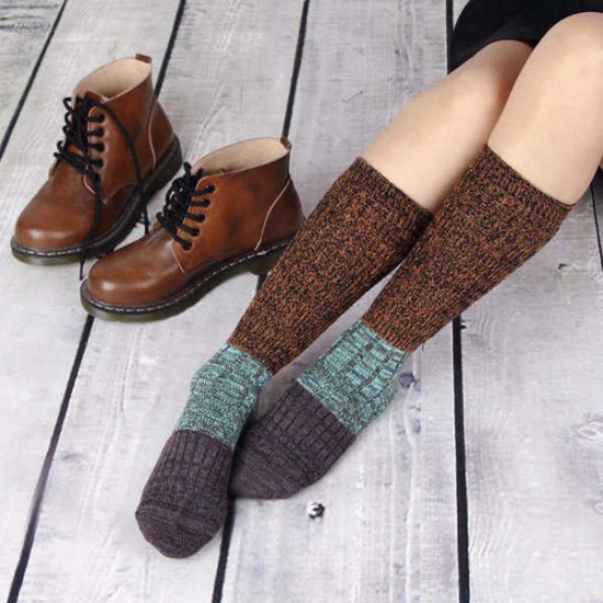 Women Girls Knitting Crochet Stripe Legs Socks Harajuku Style Mixed Color Patchwork High Hosiery